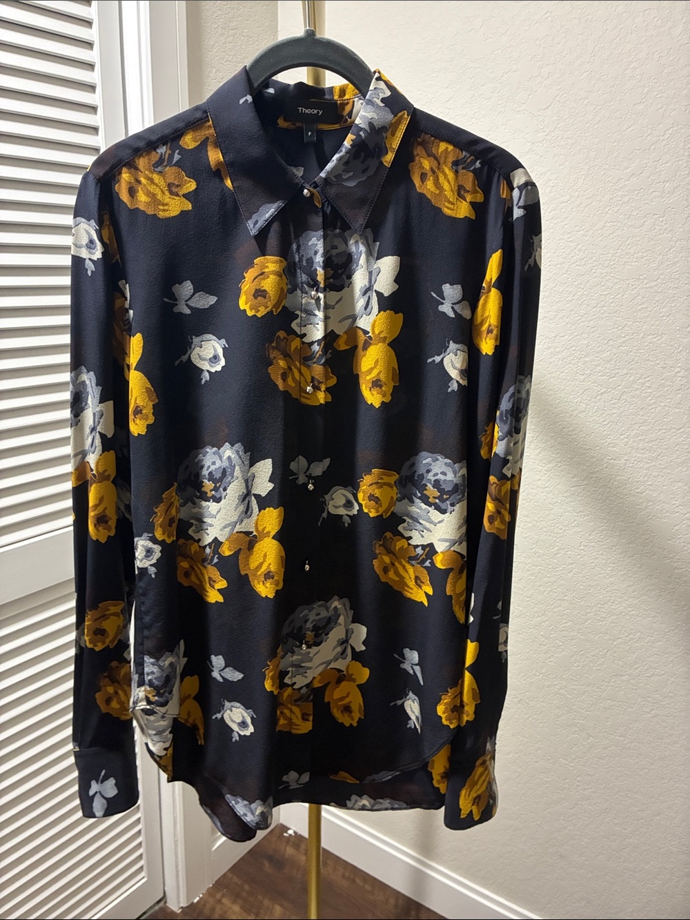 Theory Black Floral Button-Up Blouse - Yellow & Gray Flowers